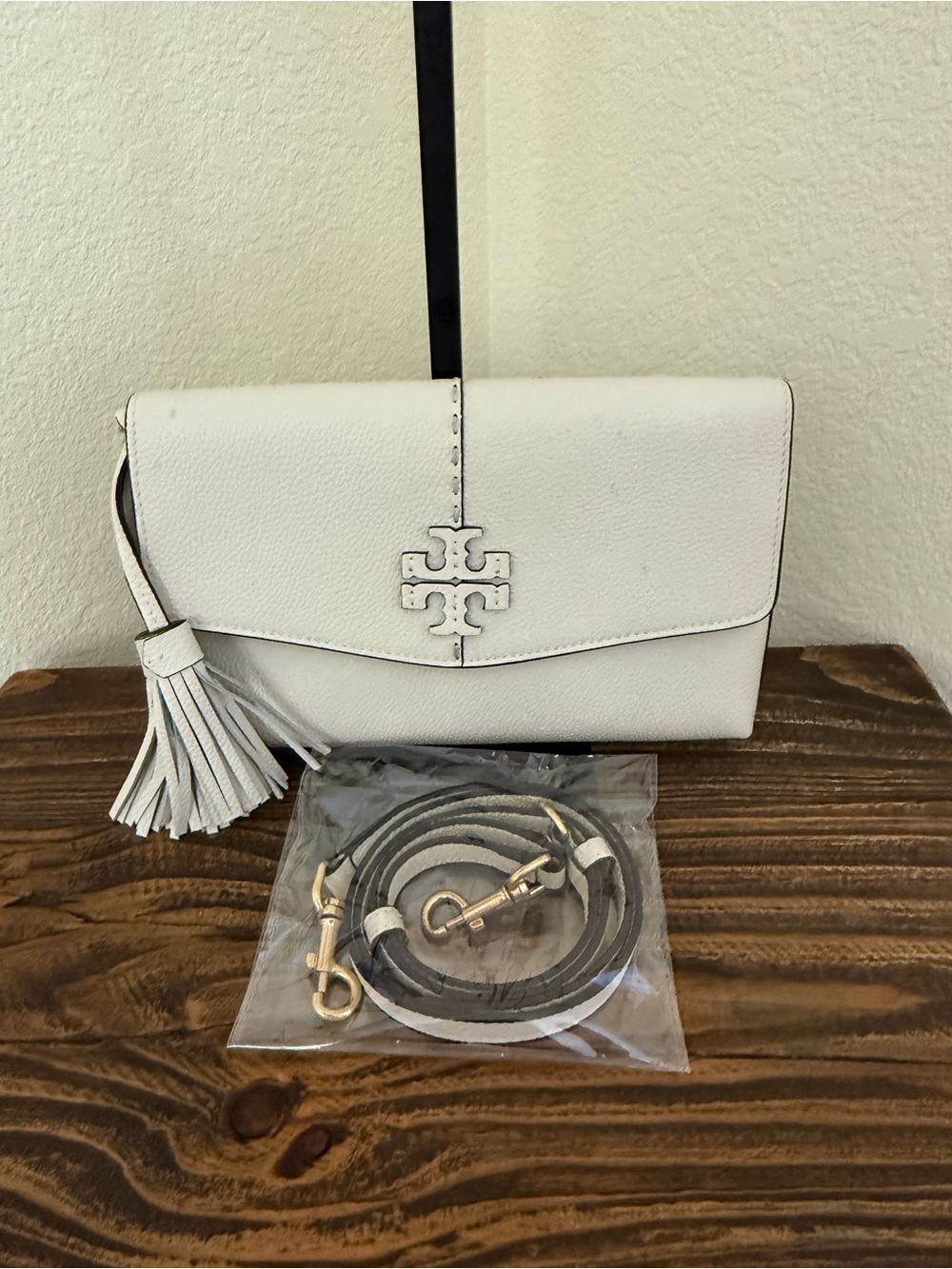 Tory Burch McGraw Fold-Over Crossbody Clutch | White Pebbled Leather | Tassel